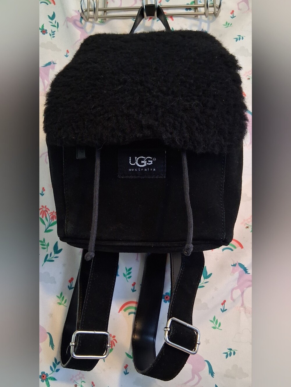 EUC UGG Nordie Black Suede & Shearling Boho Casual Drawstring Backpack Purse Bag